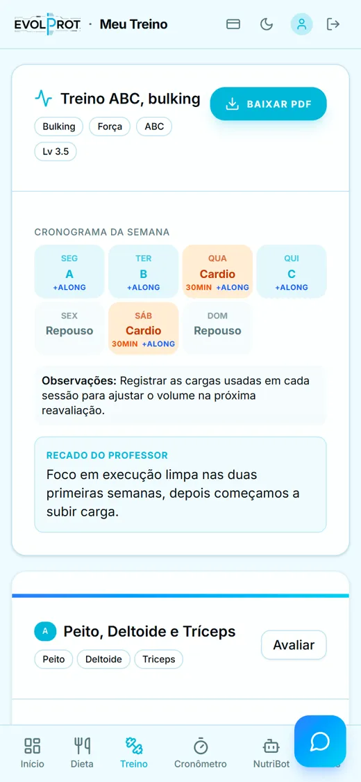 App do aluno: treino do dia com exercícios, séries e descanso
