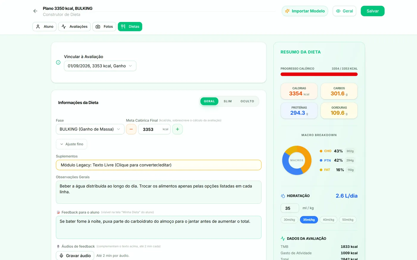 Construtor de dieta: plano de 3.350 kcal com fase, meta calórica, observações e resumo de macros ao lado