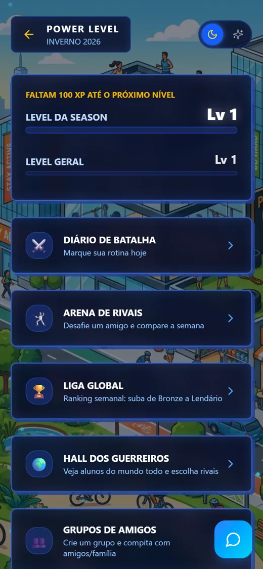 App do aluno: Power Level com nível da temporada, diário de batalha, arena de rivais e liga